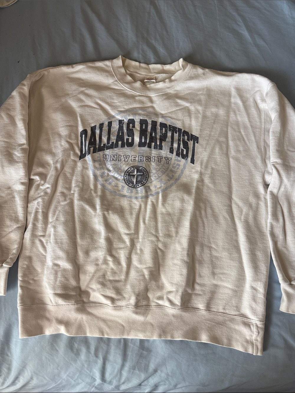 Hanes White Crewneck Sweatshirt with Navy Dallas Baptist Graphic